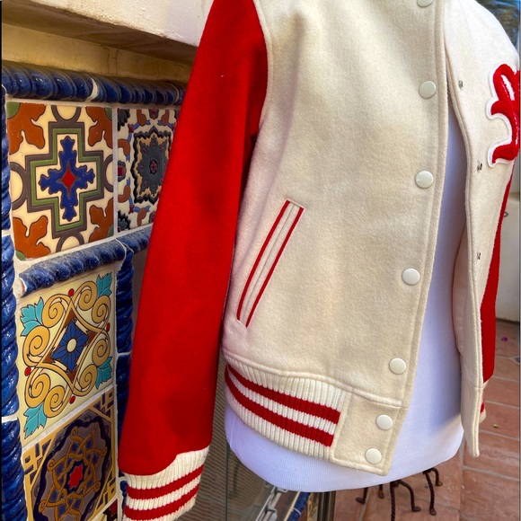 Vintage 1990’s Cream Wool Letterman Bomber Jacket w/ Red “M” by LOVE BOAT Sz S - Picture 11 of 12